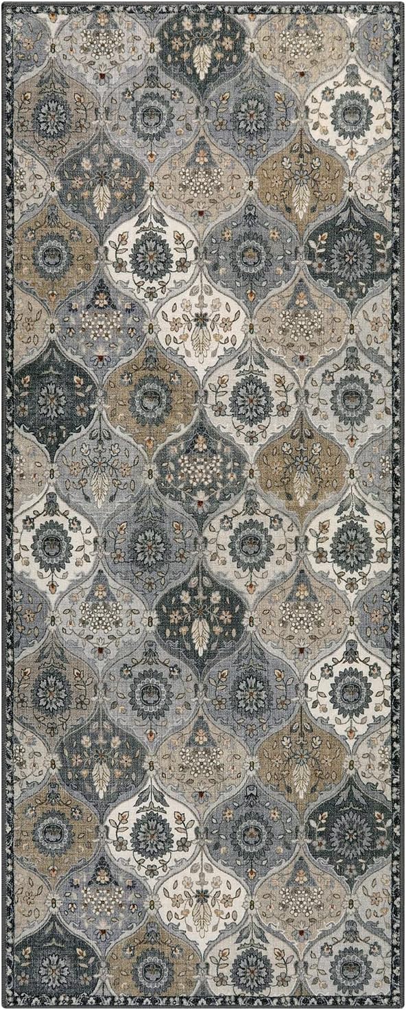 Lahome Moroccan Trellis Kitchen Runner Rug, 2x5 Washable Runners for Hallways Non Slip Soft Hallways Rug Ultra-Thin Vintage Long Carpet for Bedroom Bathroom Elise, Grey