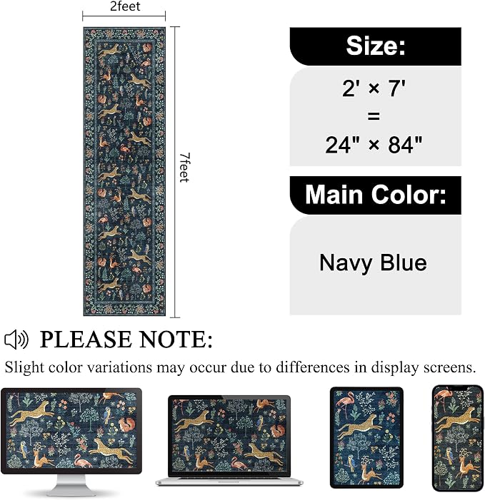 DUKINO Runner Rug, 2x7 Washable Kitchen Rugs for Hallways with Non Slip Backing, Soft Low Pile Vintage Animal Runner for Kitchen, Hallway, Entryway, Laundry, Bedroom, Navy Blue