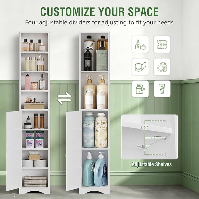 VECELO 71" Tall Narrow Storage Cabinet, Bathroom Storage Slim Freestanding Cabinet with Door & 6 Adjustable Shelves, Anti-Tip Design for Small Space, Kitchen, Living Room, White
