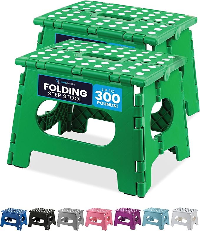 Handy Laundry Folding Lightweight Step Stool - Sturdy Enough to Support Adults - Opens Easy with One Flip - Great for Kitchen, Bathroom or Bedroom (Green | 2-Pack)