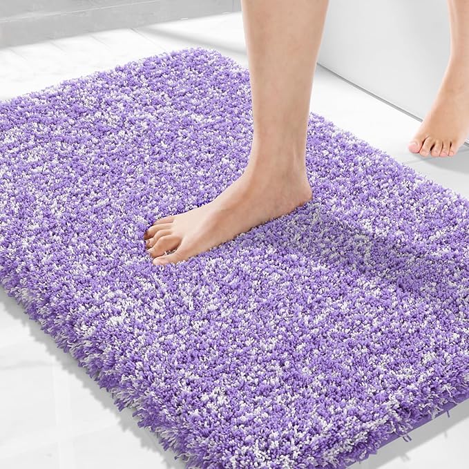 Yimobra Bath Rugs for Bathroom 32X20, Ultra Soft and Water Absorbent Bath Mats, Non Slip Plush Shower Mat Outside, Microfiber Thick Matts for Bathroom Floor/Tub, Machine Washable, Purple and White