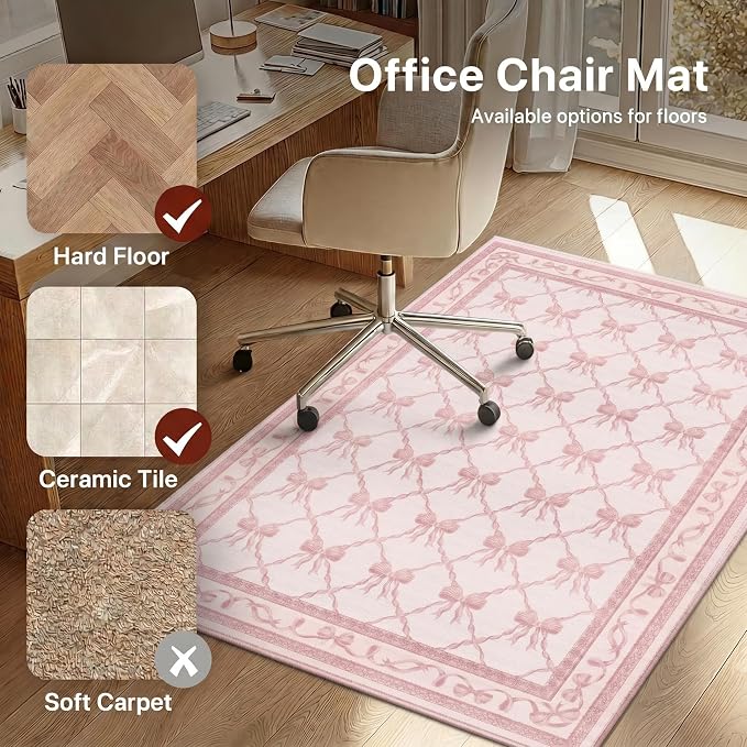 48"x72" Office Chair Mat for Hardwood Tile Floor, Under Desk Carpet Protector for Rolling Computer Chair Mat, Machine Washable Area Rug, Anti-Slip 1/5" Thick Low Pile Thin Vinyl Floor Mat, Baby Pink