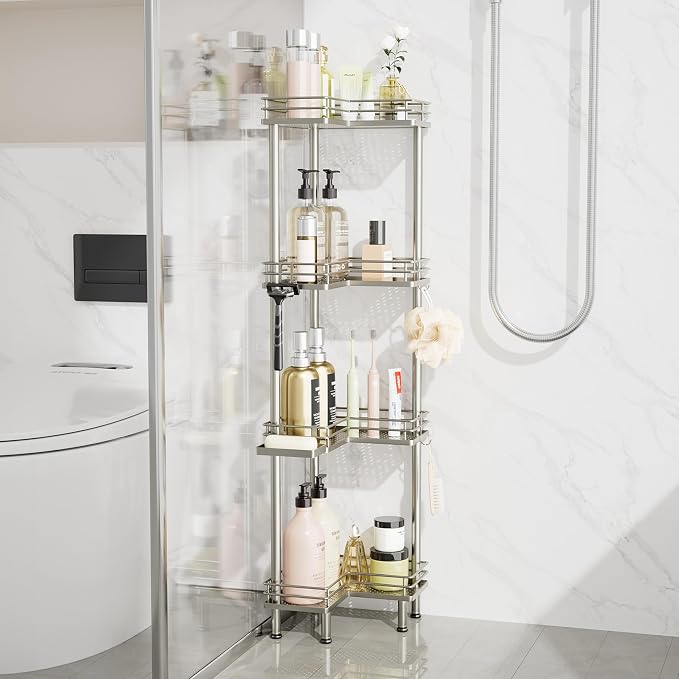 Consumest Corner Shower Caddy Standing - 4-Tier Stainless Steel Shower Organizer with Soap Holder and 4 Hooks, Large Capacity Corner Shelf Stand for Bathroom, Rest Room, Sand Nickel