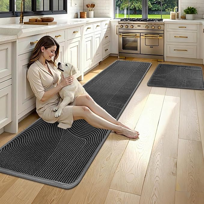 Kitchen Mat Set of 2 PCS, Anti Fatigue Kitchen Floor Mat, Kitchen Runner Cushioned Non Slip for Kichen, Office, Balcony, Gray, 17" x 30"+17" x 59"