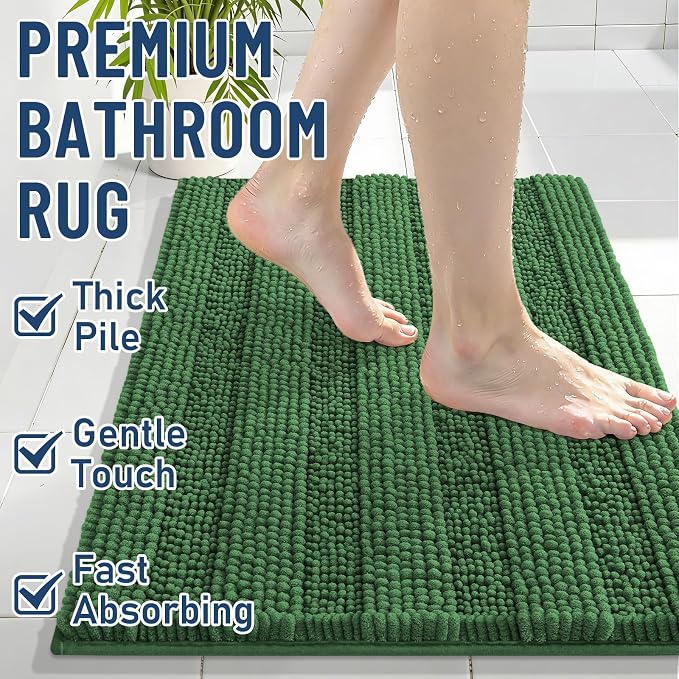 Grandaily Chenille Striped Bathroom Rugs 36x24, Extra Thick and Soft Absorbent Bath Mats, Rubber Backing, Plush Shaggy Shower Carpet, Machine Wash Dry, Bath Rug for Bathroom, Olive Green