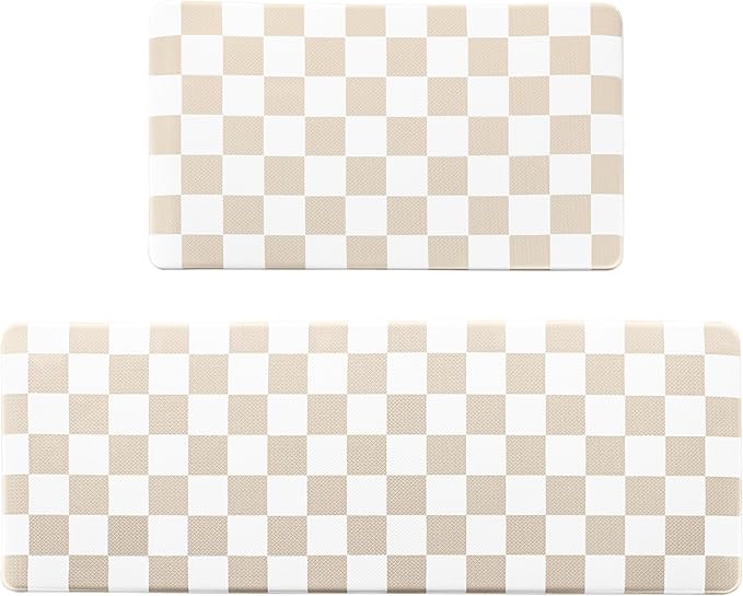 Cream Checkered Grid Checkerboard Kitchen Rug Sets [2 PCs], Anti-Fatigue, Waterproof Non-Slip Kitchen Mats Heavy Duty Ergonomic Comfort Foam Rug for Floor, Home, Laundry,17"x29"+17"x47"