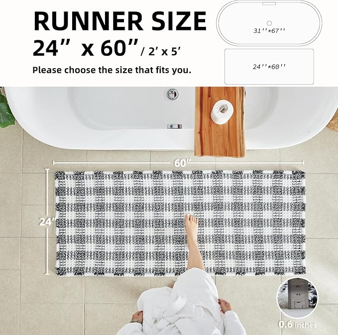 TYUU Waffle Runner Rug Bathroom, Long Boho Bathroom Rugs Non Slip Washable Absorbent Checkered Bathroom Mat Quick Dry Farmhouse Bath Mat, 60"x24" Black and White