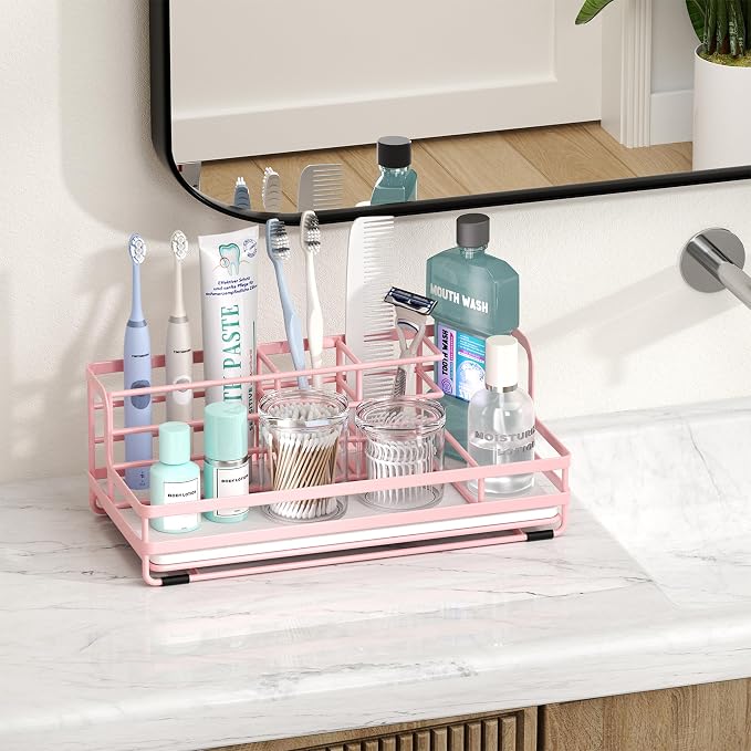 HapiRm Toothbrush Holders for Bathroom - 5 Partitions Bathroom Counter Organizer with Instant Drying Stone, Stainless Steel Countertop Storage Electric Toothbrush Toothpaste Holder - Pink