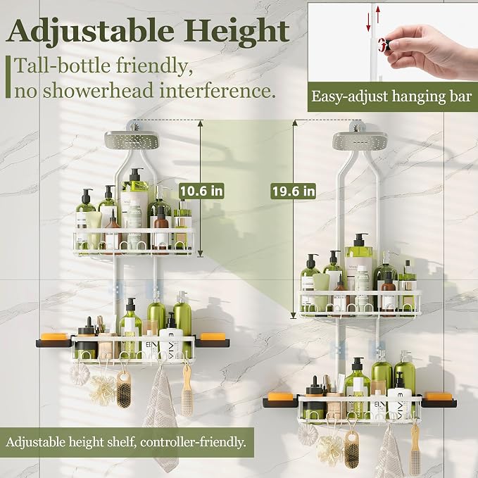 Skyapex Shower Caddy Hanging: Adjustable Height Organizer for Over Showerhead - Rustproof Shower Shelves with Hooks & 2 Soap Holders, White