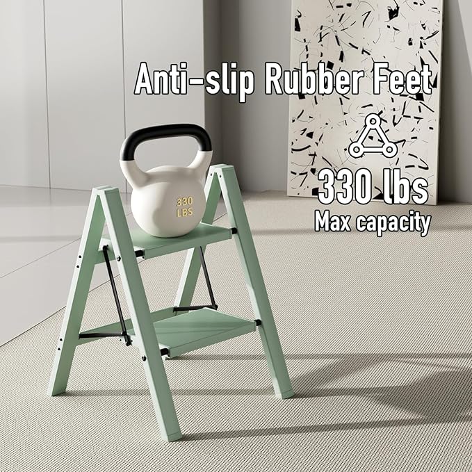 Mayi Plus 2 Step Ladder,Aluminum Folding Step Stool for Adults,Step Ladder with Wide Anti-Slip Pedal,330 lbs Capacity for Home,Office,Kitchen,Library(Green)