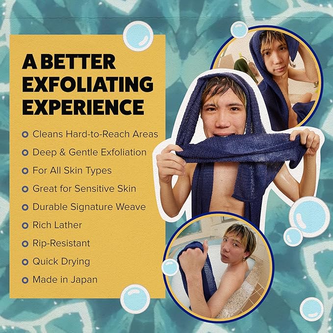 GOSHI Exfoliating Shower Towel - Long Body Scrubber for Back Acne, KP & Smooth Skin - Durable Rip-Resistant Weave, Quick-Dry Nylon Washcloth - Ethically Crafted in Gunma, Japan - Blue