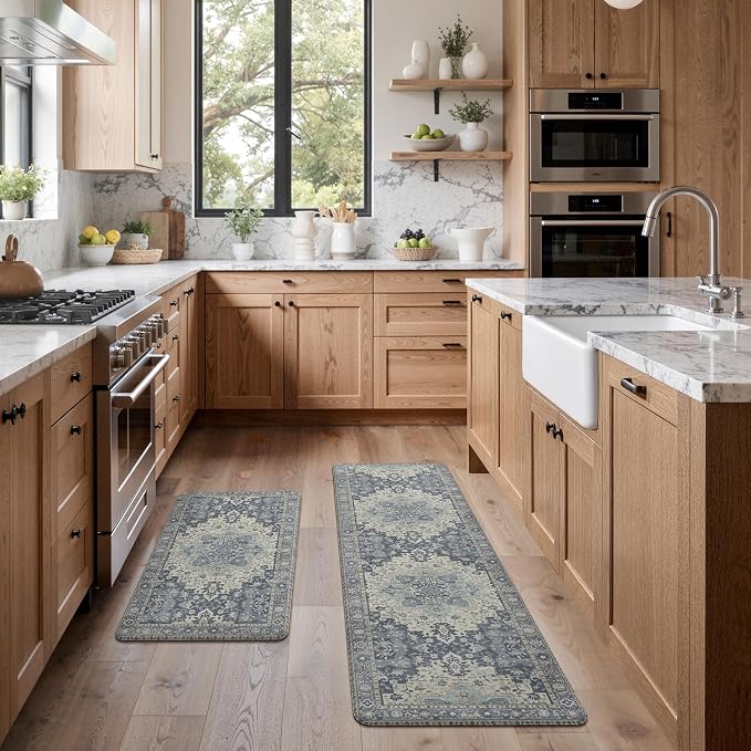 GENIMO Kitchen Mats for Floor 2PCs, Washable Anti Fatigue Mat for Cushioned, 17.3"x59"+17.3"x30", Waterproof Kitchen Rugs, Non Slip Comfort Standing Mat Rug for Home, Sink, Laundry, Center Blue