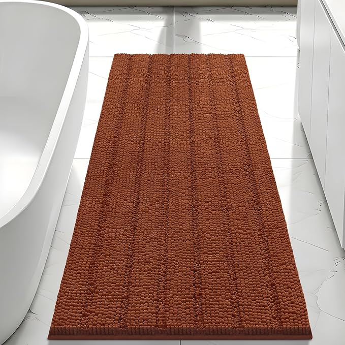 Bcoimo Long Bathroom Rug, Chenille Bath Runner with High Low Pile Design, Soft Absorbent Non Slip Bath Mat, Machine Washable Quick Dry Rug for Shower, Tub, Sink and Vanity