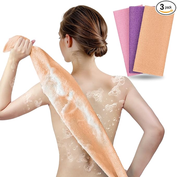 ARCH&M 3-Pack Premium Nylon Exfoliating Towel - 35-Inch Quick-Dry, Hygienic Japanese Washcloth for Body & Back - Durable, Machine Washable, Long-Lasting (Peach Purple Pink)