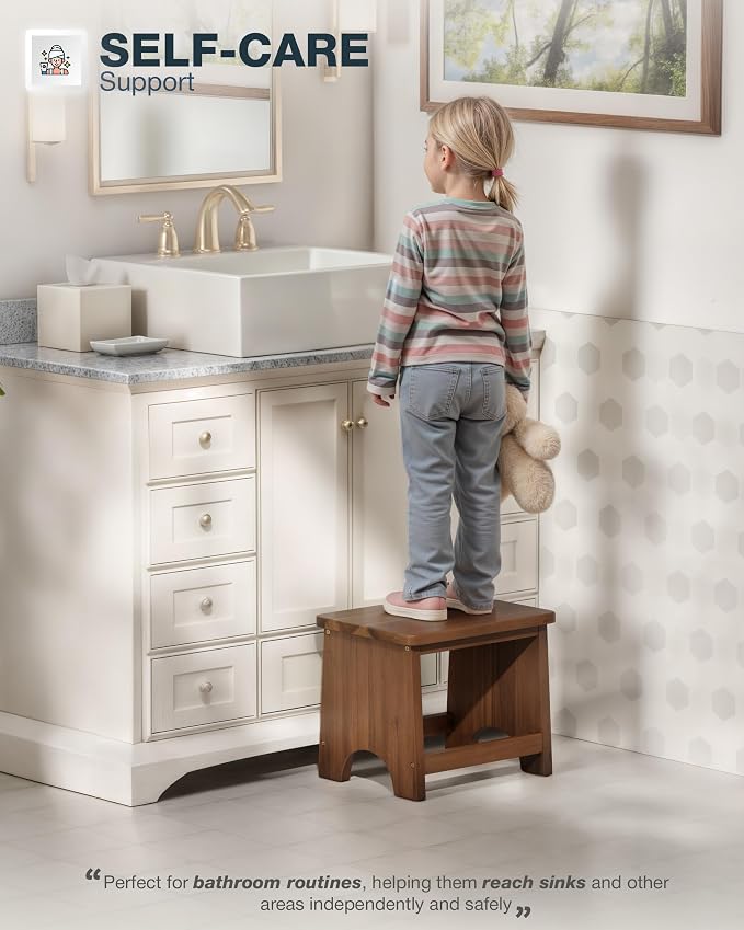 FANATU 13'' Wooden Step Stool, Non-Slip One Step Stool for Adults, Portable Heavy Duty Design with 550lbs Capacity, Nonslip & Durable Construction (Rich Walnut, 13in Height)