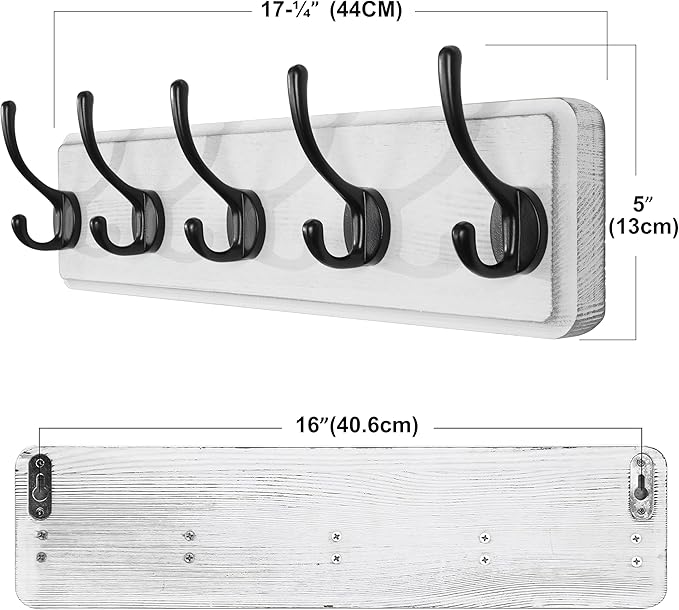 SKOLOO Rustic Wall Mounted Coat Rack, Pine Solid Wood Coat Hook Hanger - 5 Hooks for Hanging Clothes Robes Towels Coats