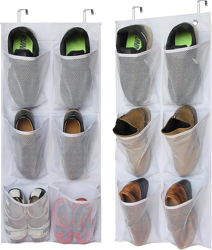 KIMBORA 2 Packs Narrow Over the Door/Wall Shoe Organizer Cruise, Small Hanging Shoe Rack for Closet with Clear Mesh Pocket for Bathroom, RV, Pantry, Camping (White)