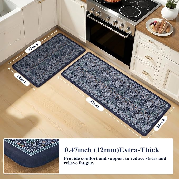 Collive Kitchen Mats for Floor 2PCS, Cushioned Anti Fatigue Rugs Non Slip Waterproof Kitchen Sink Mat, Dark Blue Floral Standing Mat for Bar, Office, Desk, Home Decor, 20" x 47" + 20" x 32"
