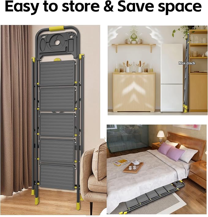5 Step Foldable Step Ladder with Mutifunctional Tool Tray, Platform Ladders Stepstools, Step Stool 5 Step Folding with Non-Slip Pedals, 800lbs Bearing Capacity for Adults, Home, Kitchen, Black Yellow