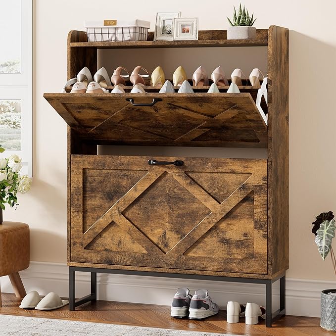 Nicetree Shoe Cabinet with 2 Flip Drawers, Freestanding Shoe Storage Cabinet with Metal Legs, Farmhouse Shoe Organizer for Entryway, Foyer, Hallway, Rustic Brown