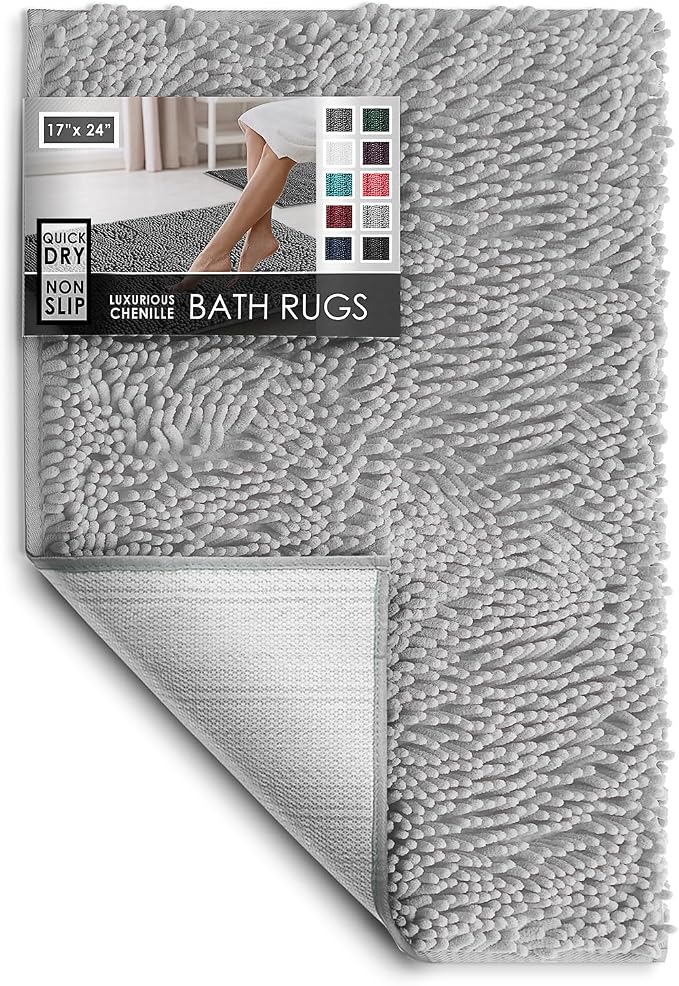 Hearth & Harbor Bathroom Rugs, Chenille Bath Mat - Machine Washable Bath Mats for Bathroom Non-Slip Backing Rubber, Quick Dry Bathroom Mat - Silver Bath Rug, 17x24