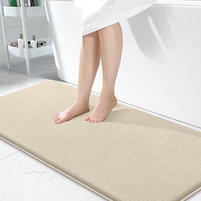 OLANLY Thick Memory Foam Bathroom Runner Rugs 47x24, Extra Soft Absorbent Long Bath Rug, Quick Dry Bath Mats, Non-Slip, Machine Washable Mat for Bathroom, Tub and Shower, Home Decor Accessories, Sand