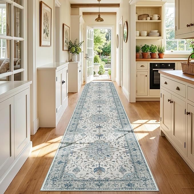 RELEANY Area Rugs Runner 3'x20' Washable Non-Slip, Floral Vintage Distress Medallion Carpet for Kitchen Hallway Bedroom Beside Laundry Room Bathroom, Light Blue Navy Gray White