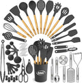 Kaluns 50 PCS Silicone Kitchen Utensils Set Complete Kitchen Set - 800°F Heat Resistant Non-Stick Premium Silicone Cooking Utensils W Wooden Handles - Can Opener, Masher, Turner, Silicone Spatula Set