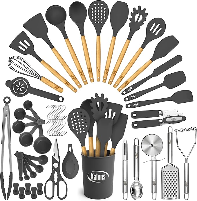 Kaluns 50 PCS Silicone Kitchen Utensils Set Complete Kitchen Set - 800°F Heat Resistant Non-Stick Premium Silicone Cooking Utensils W Wooden Handles - Can Opener, Masher, Turner, Silicone Spatula Set