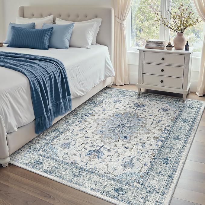 RELEANY Area Rugs 4'x6' Washable Non-Slip, Floral Vintage Distress Medallion Carpet for Living Room Bedroom Dining Room, Light Blue Navy Gray White