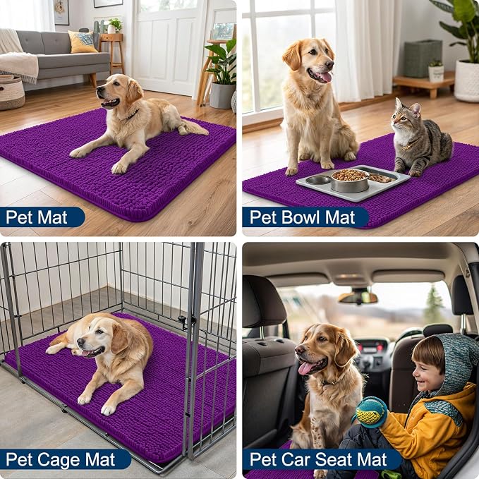 Smiry Dog Door Mat for Muddy Paws 40x32, Absorbent Dirt Trapper, Non-Slip Washable Chenille Entryway Rug for Inside Floor, Purple, Classic Solid