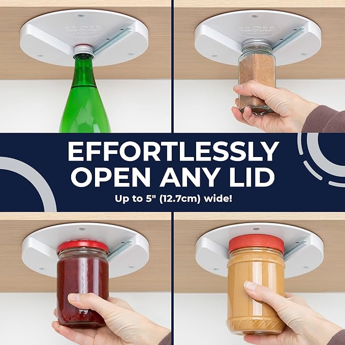 EZ Off Jar Opener for Seniors - Under Cabinet Jar Openers for Weak Hands, Easy Grip, Arthritis jar opener, One Handed Gadgets & Bottle Opener - Essential Kitchen Gadgets for Home Assistance - White