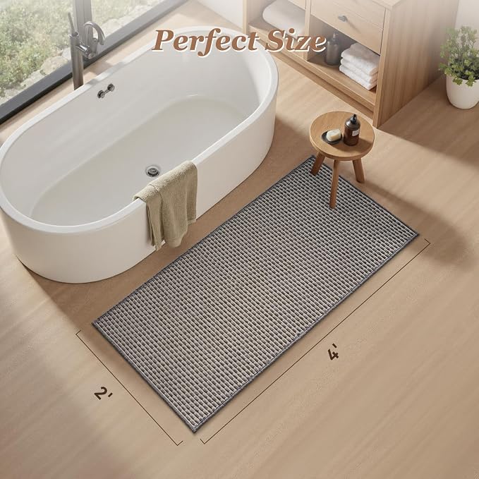 AMOAMI Unique Woven Bathroom Runner Rug, Super Absorbent Non Slip Bath Mats for Bathroom Textured Bathroom Mat Quick Dry Boho Rugs Runners for Hallyways Kitchen Bedroom Beside Tub, 2' x 4', Grey