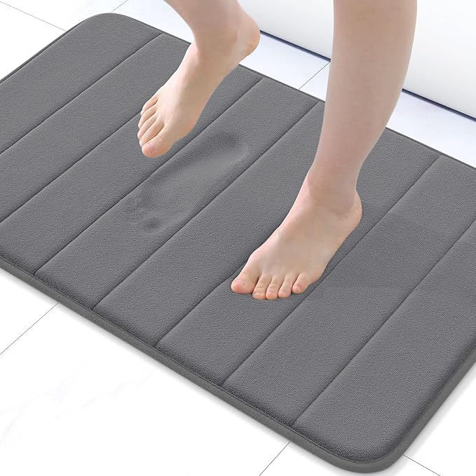 Buganda Memory Foam Bath Mat, 24" x 16", Ultra Soft and Non-Slip Bathroom Rugs, Water Absorbent and Machine Washable Bath Rug for Bathroom, Shower, and Tub, Grey