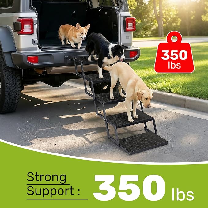 Foldable Dog Car Steps - Upgraded Non-Slip Pet Stairs for Large Dogs, Portable Metal Frame Dog Ramps for High SUV, Truck and Cars, Lightweight Pet Ladder with High Load-Bearing Capacity (5 Steps)