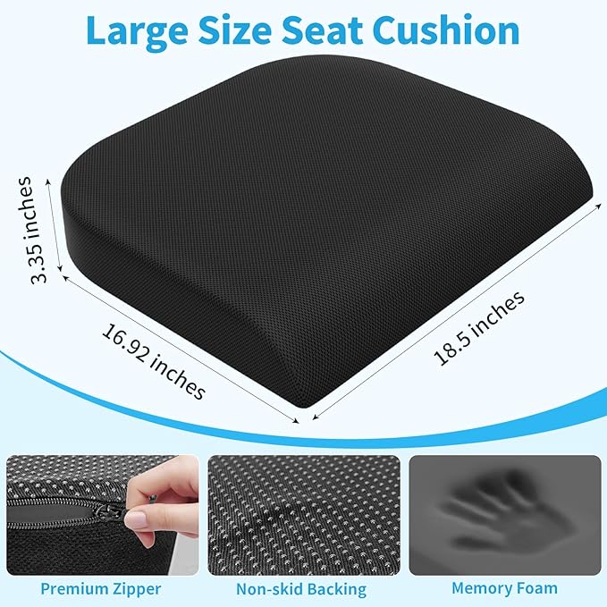 TranquilRelax XLarge Seat Cushion，Soft Foam Cushion for Long Sitting Hours on Office Chair, Home & Car, Non-Slip Chair Pad for Relieving Back & Sciatica & Hip & Coccyx Pain (Black)