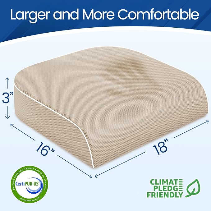 SweetSlubr Seat Cushion for Tailbone Pain Relief, Office Chair Cushion, Memory Foam Large Chair Cushion with Non-Slip Cover for Soft Support at Office Chair, Car Seat, Airplane Beige/Large