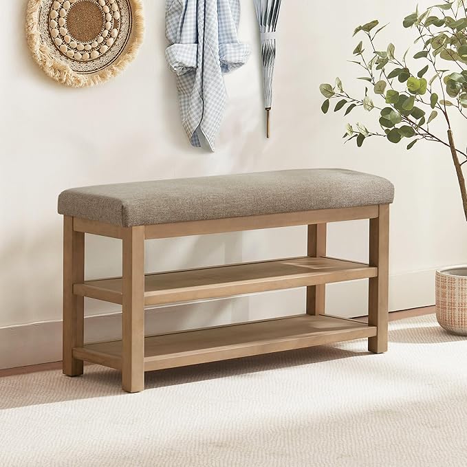 Zihanhome 2 Tier Shoe Rack Bench with Cushion, Solid Wood Shoe Benches, Mid-Century Modern Shoe Storage Bench for Entryway, Hallway, Living Room, Closet, Front Door Entrance, (Brown, 39.4")