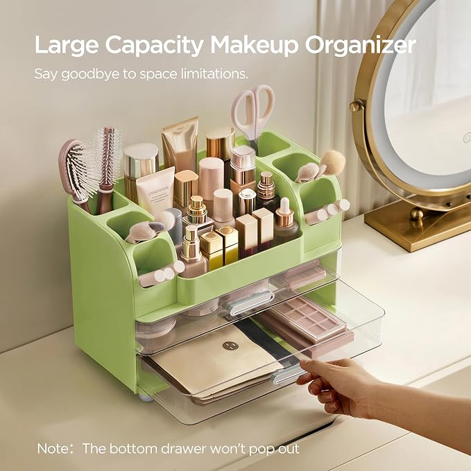 HBlife Makeup Organizer for Vanity with Brush Holder, Large Bathroom Countertop Cosmetic Organizer Skincare Storage, Easy to Store Lipsticks, Nail Polishes, Perfumes, Eyeshadow Palettes, Avocado Green