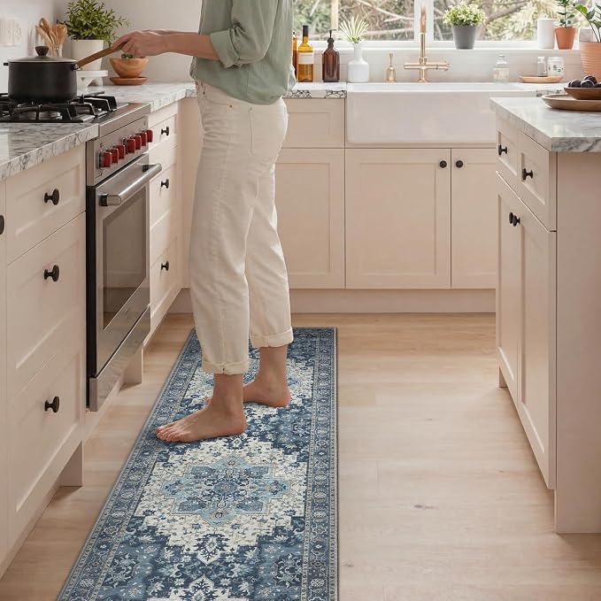 GENIMO Kitchen Rugs Non Slip Washable, 2PCS Kitchen Mats for Floor, Cushioned Standing Mat, Kitchen Runner Rug Floor Mat for Kitchen Decor, Laundry, Sink, Entryway, Home, 20"x32"+20"x59", Navy Blue