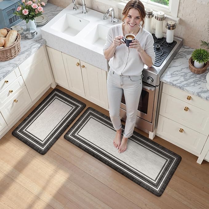 KIMODE Anti Fatigue Kitchen Mat for Floor 2PC,Kitchen Rugs Non Slip Rubber Backing,Waterproof Farmhouse Kitchen Floor Mat,Cushioned Standing Mat for Home Decor,Office,Laundry,Sink,Desk,Black and Grey