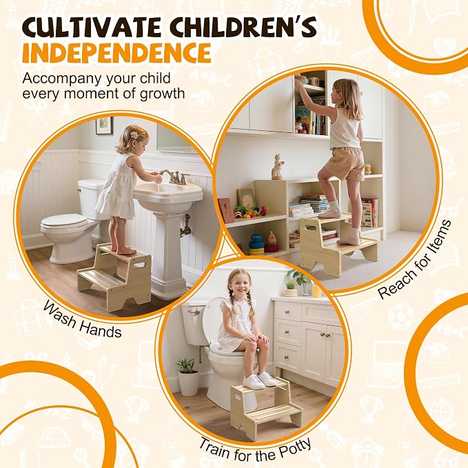 Step Stool for Toddler, Sturdy Wooden 2-Step Stool with Anti-Slip Surface and Pads for Barthroom, Kitchen, Bedroom, Toilet, and Potty Training - 2 Pack