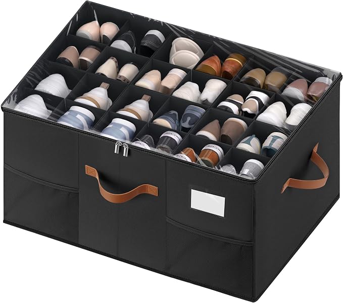 Shoe Organizer for Closet, 1 Pack Shoe Storage Container with Adjustable Dividers, Space Saving Shoe Box Storage Organizer Bin with Clear Lid and 4 Handles, Fits 12-24 Pairs, Black