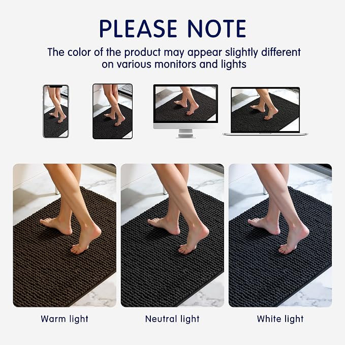 SUBRTEX Bathroom Rugs, 24" x 36" Chenille Bath Rug Soft Short Plush Bath Mat Soft Shower Mat Water Absorbent Shower Mat Quick Dry Machine Washable, Black