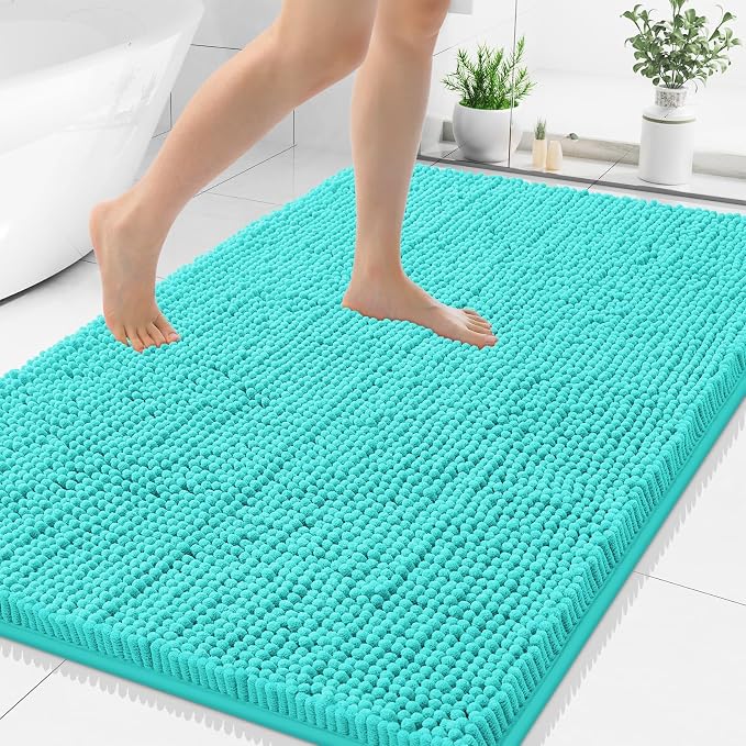 Smiry Luxury Chenille Bathroom Rugs 48x32, Extra Soft and Absorbent Shaggy Bath Mat, Machine Washable, Non-Slip Plush Carpet Runner for Tub, Shower, and Floor, Home Decor Accessories, Turquoise