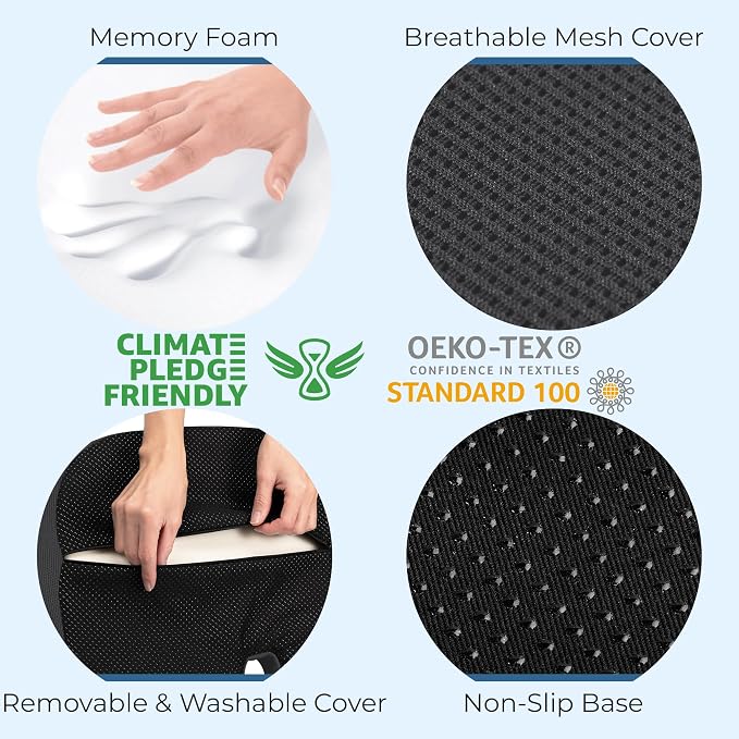 5 STARS UNITED Seat Cushion - Memory Foam Chair Cushion for Tailbone Pain Relief - Ergonomic Support for Coccyx, Sciatica & Butt - Office, Desk & Gaming Chair, Car Seat, Wheelchair, Dark Gray Mesh