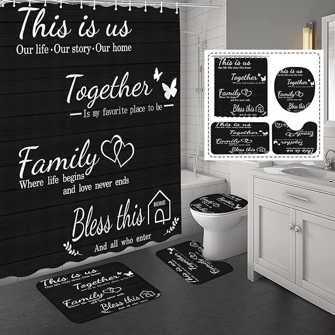 4Pcs Family Shower Curtain Sets with Non-Slip Rugs, Toilet Lid Cover and Bath Mat, Black Home Bathroom Decor Set Accessories Waterproof Shower Curtains with 12 Hooks, 72 x 72 Inch
