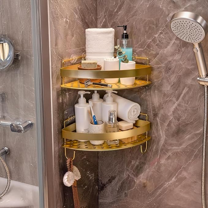 Corner Shower Shelves, 2-Tier Gold Shower Candy with 4 Hooks, Stainless Steel Bathroom Shower Organizers, Wall Mounted Caddy Shelves No Drilling with Adhesive, Triangle Storage Shelf for Toilet