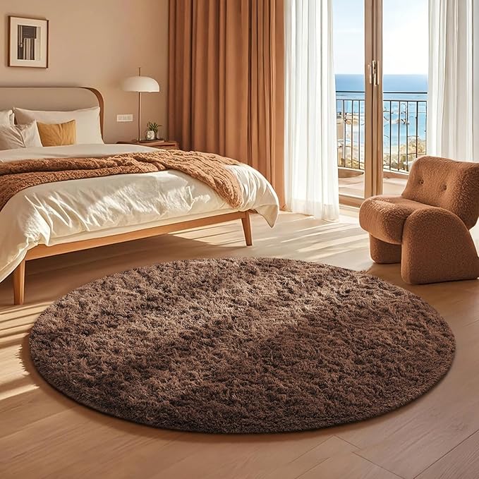 Ophanie Round Rug 4Ft Brown Circle Area Rug, Fluffy Fuzzy Small Bedroom Carpet, Plush Soft Shaggy Floor Living Room Circular Christmas Decor for Kids Boys Girls Home Aesthetic, Nursery, Classroom
