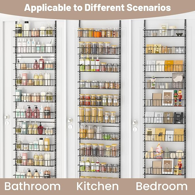 ElegantArray 9-Tier Pantry Door Oragnizer, Over The Door Pantry Organizer Rack and Storage, Hanging Spice Rack Shelves Door, Home Office Laundry Room Bathroom & Kitchen Organization, Black